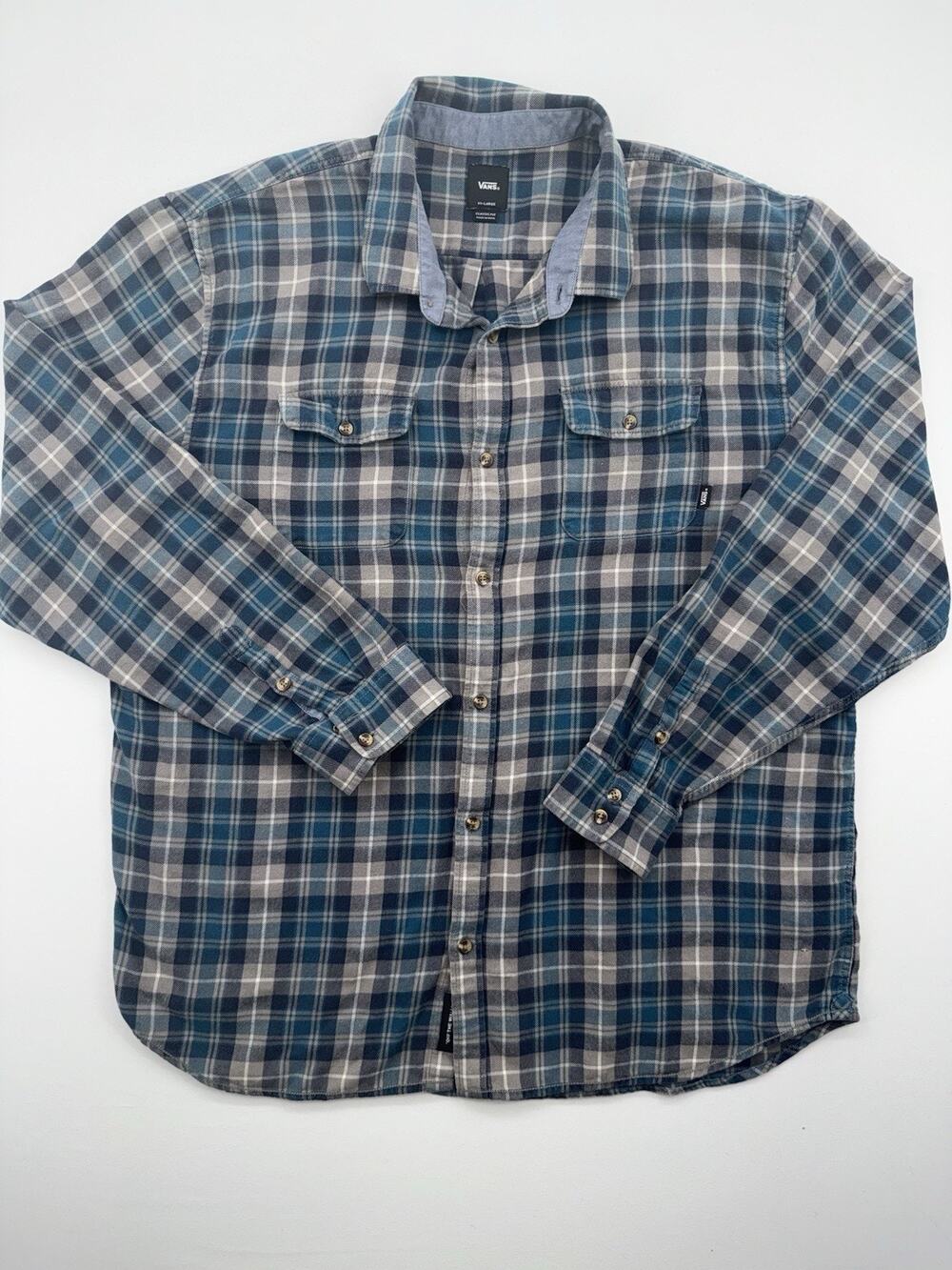 Vans Mens Classic Fit Long Sleeve Button Shirt XXL/Gray-Blue Plaid-Soft Cotton